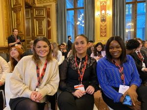From left to right: Verity, Dunya and Chinumezi smiling in the Foreign Office building.